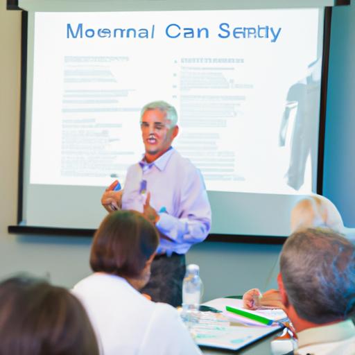 A healthcare management professional presenting to an audience